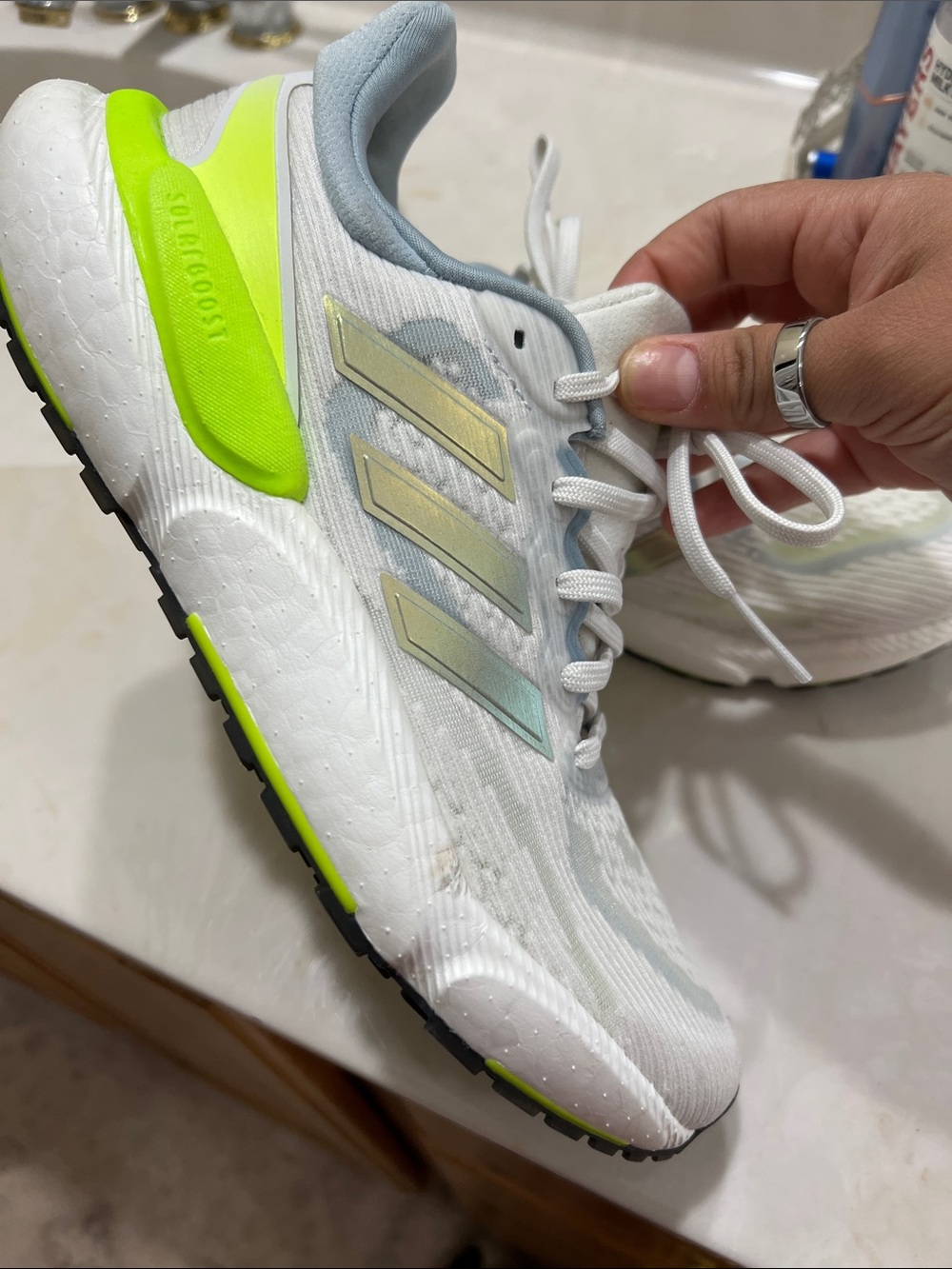 adidas White Running Shoes with Neon Yellow Accents